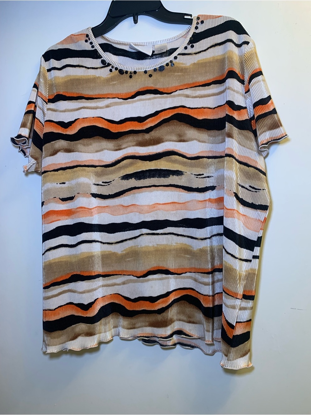 Alfred Dunner Wavy Stripe Short-Sleeve Top in Black, Orange & Cream